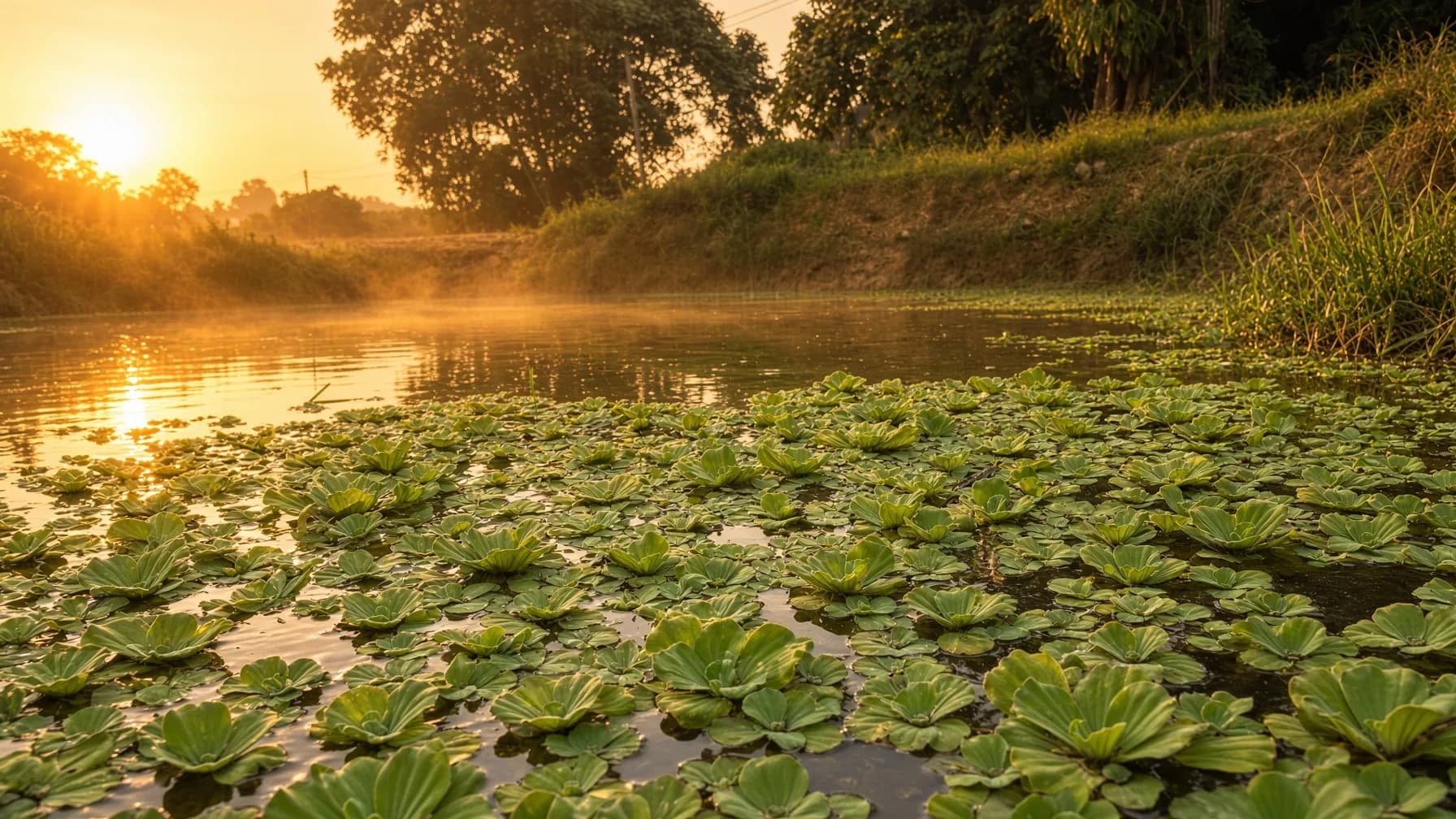 Floating water plants covering a pond at the Hub at golden hour, with mist on the water and a grassy bank beyond